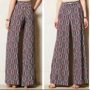 Anthropologie Elevenses Boho Wide Leg Flowy Palazzo Pants Geometric Print Size 6